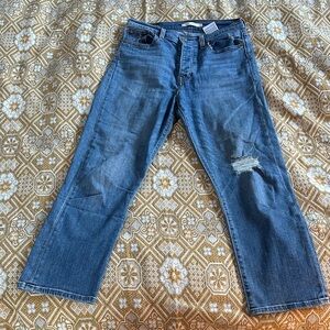 Levi Wedgie Straight Crop Distressed Button Fly Jeans